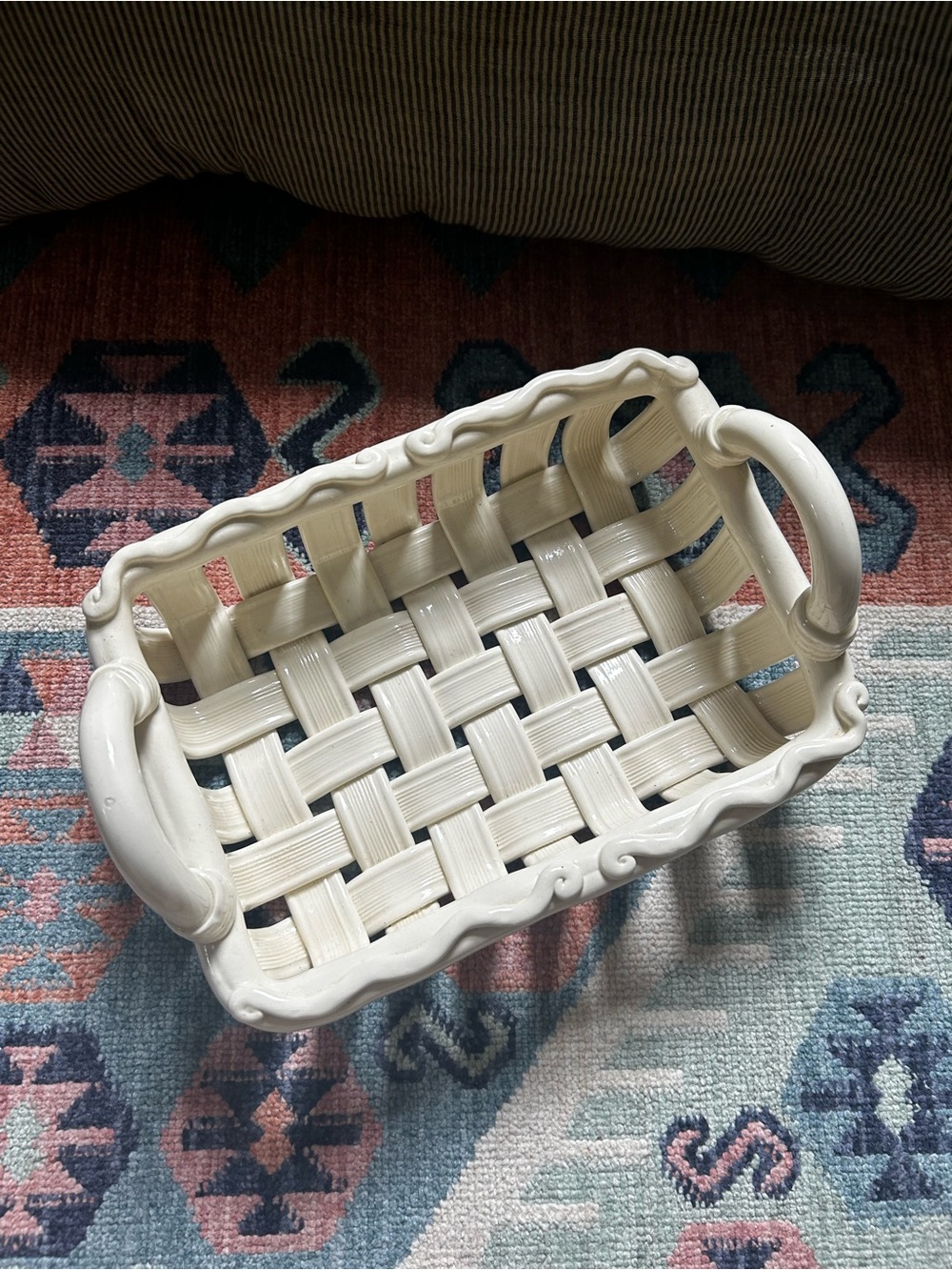 Decorative Cream Ceramic Woven Basket with Handles